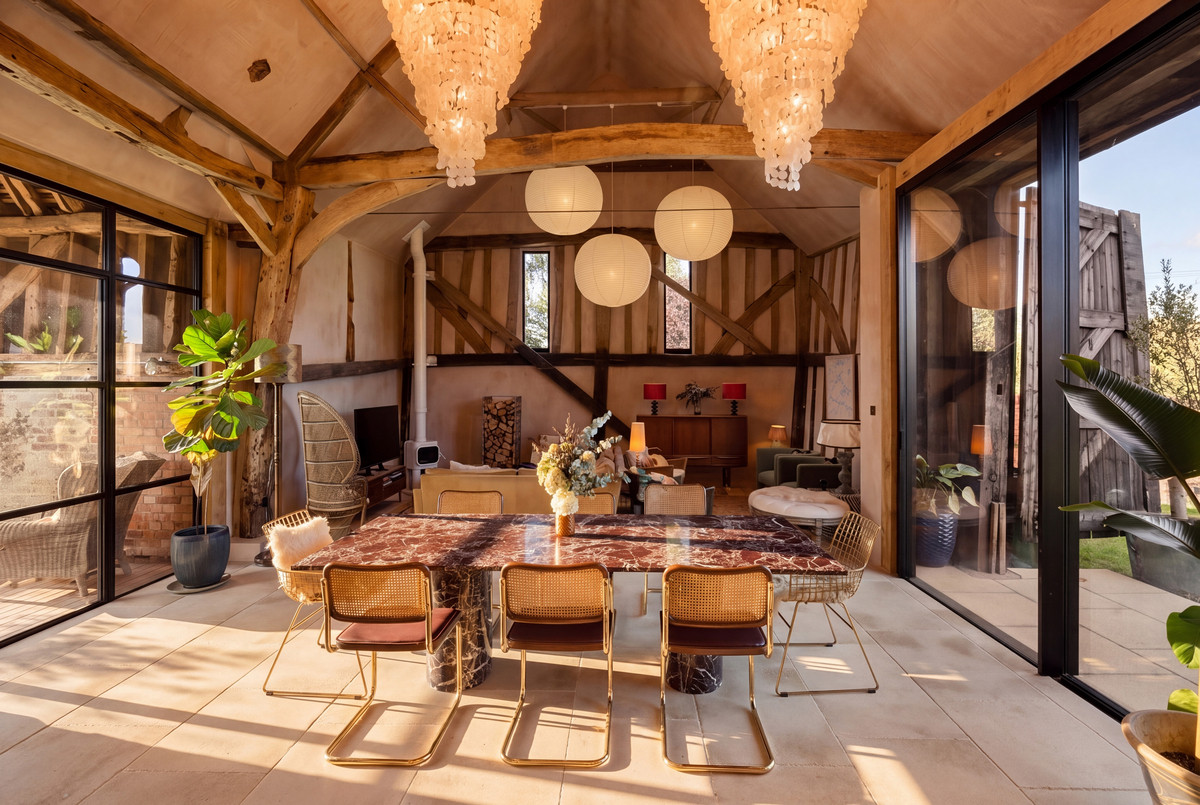 Barn Owl’s vaulted interior with exposed timber beams